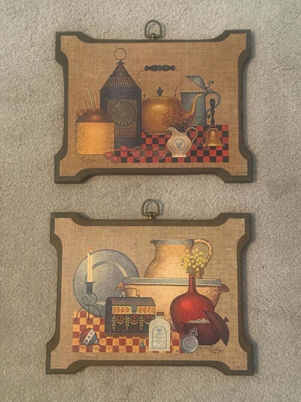 Vintage Stapco NY Kitchen Wall Hangings by Kirby Lithograph on Pressed Wood Set